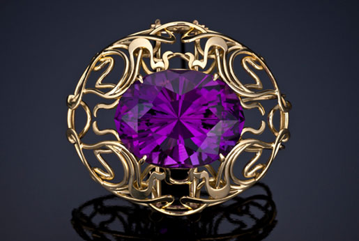 Custom brooch, gold and amethyst by R W Wise Goldsmiths