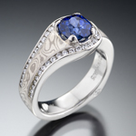 Designer sapphire ring with diamond and mokume gane